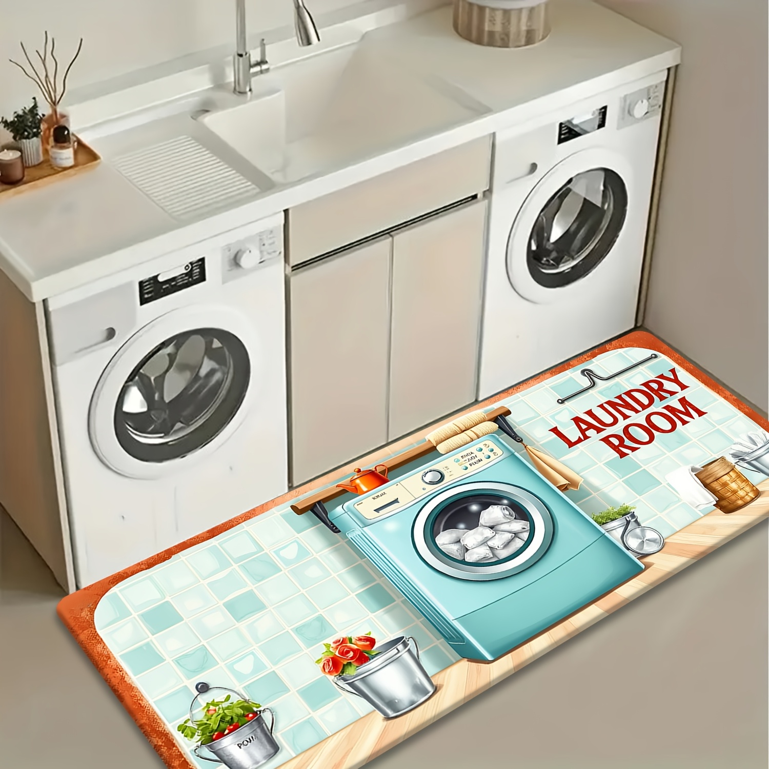 Commercial Kitchen Tile Flooring - Retro tegelwasmachine gebruiksvoorwerp print gezellig duurzaam